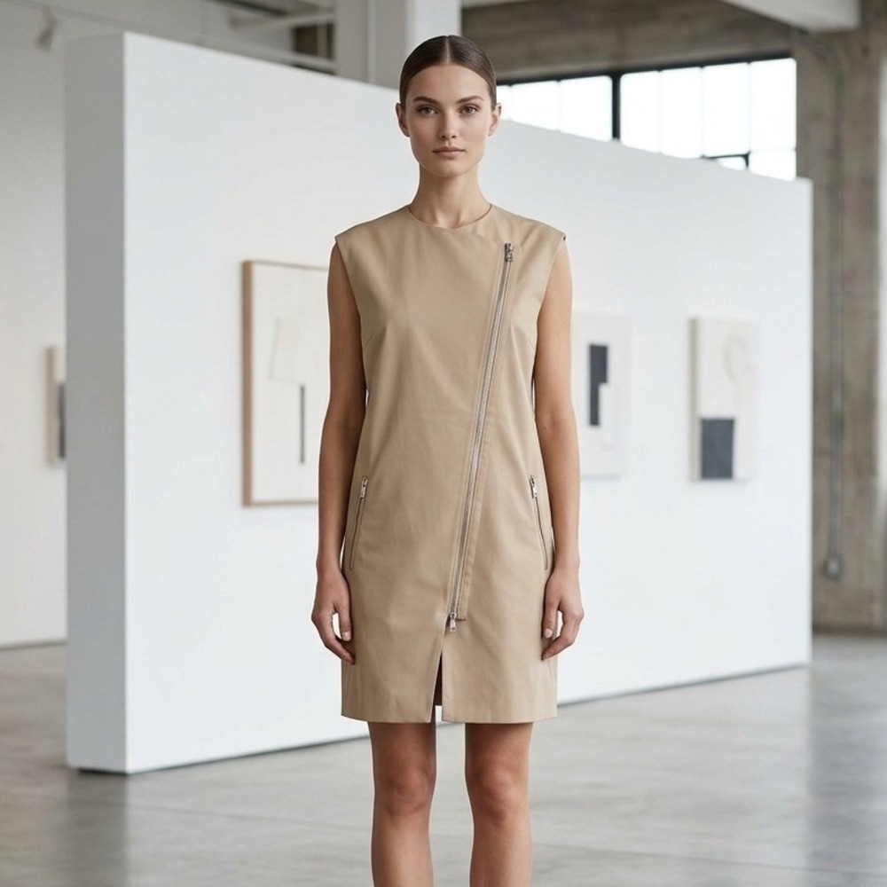 Lauren Ralph Lauren Moto Vest Dress Sz 12 Wheat Front Zip Lined Pockets Stretch